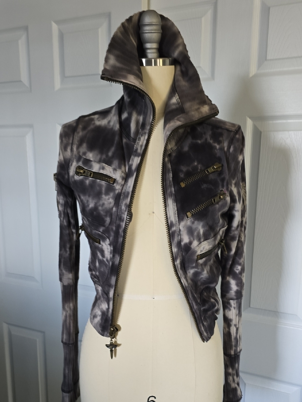 Salvage Tie-Dye Gray Leather Moto Jacket with High Stand Collar Knit